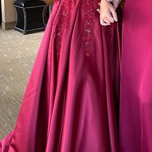 JJs House Red Embellished Pleated Gown for Wedding Guest